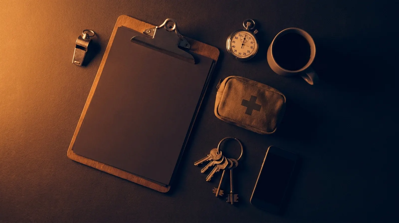 A flat-lay of a club volunteer's kit: whistle, clipboard, stopwatch, coffee, first-aid kit, keys, and a phone.