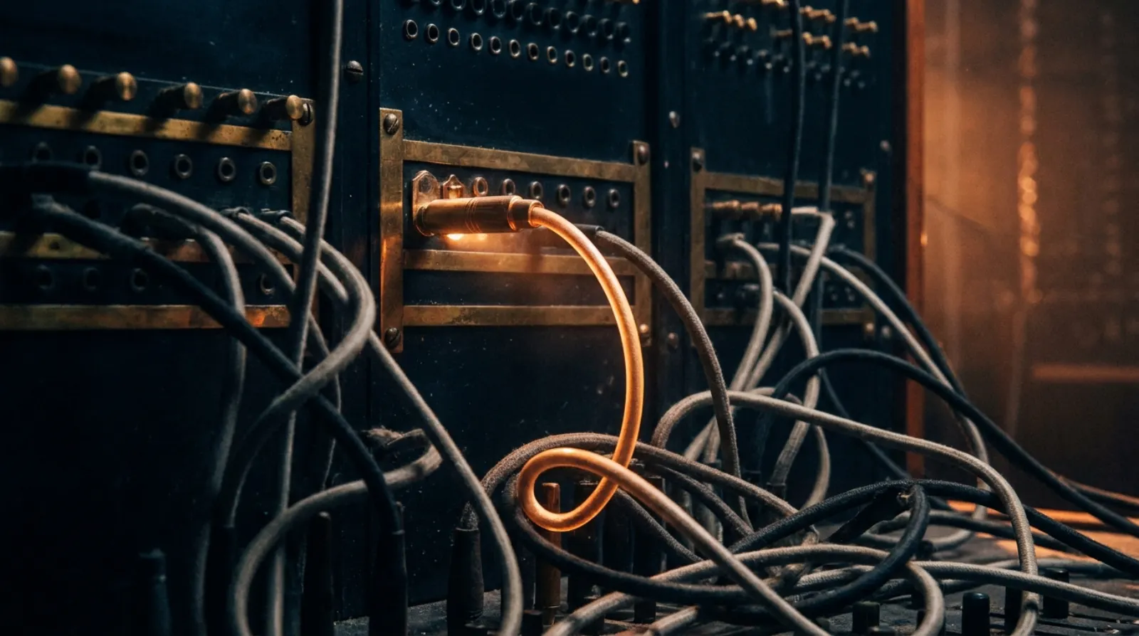 A vintage switchboard tangled with unplugged cables, with one clean amber-lit cable plugged in.