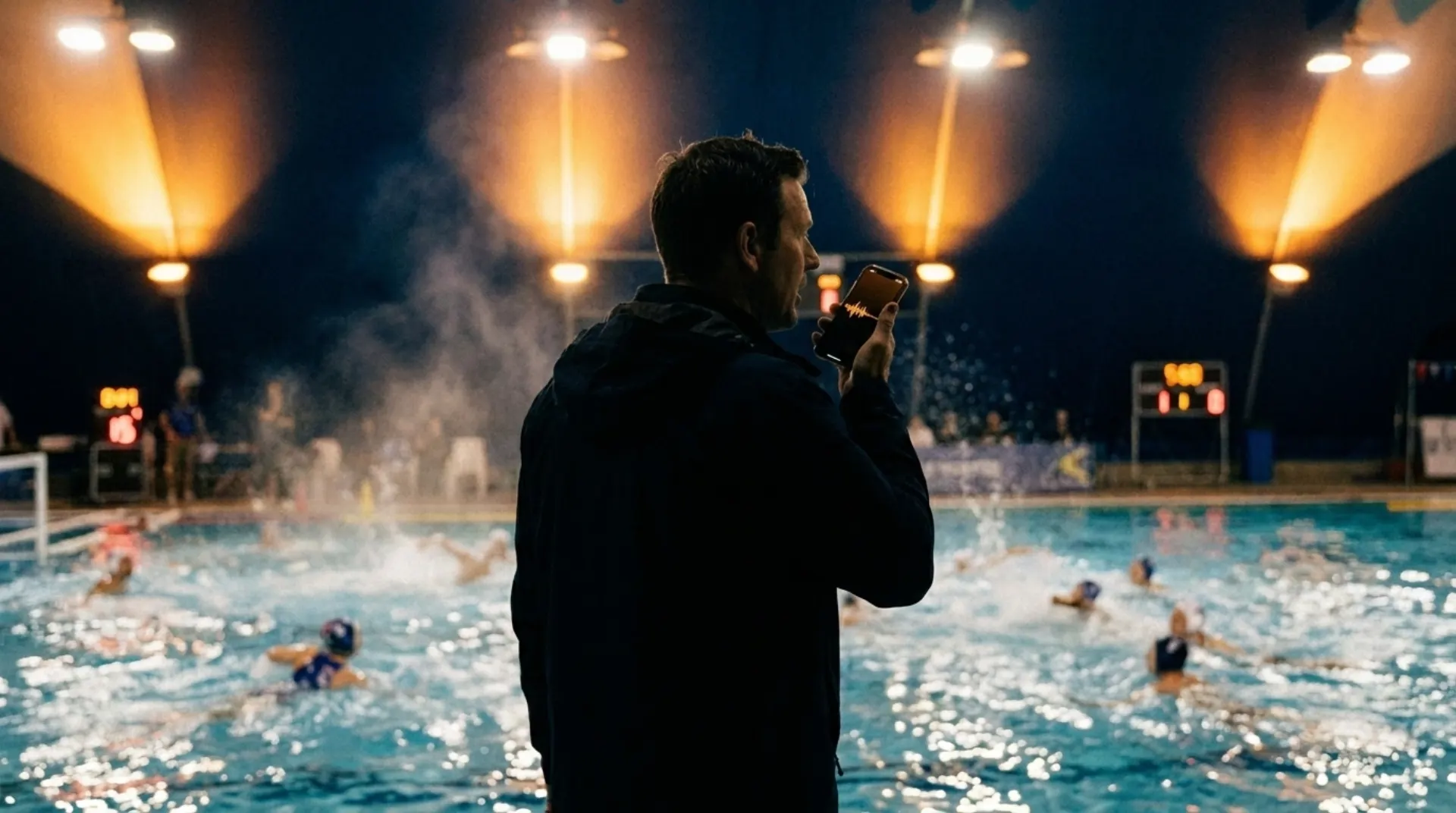 A scorekeeper on a pool deck at a night water polo game, speaking into a phone that shows a voice waveform.