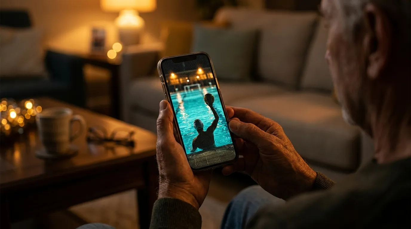 A grandparent in a warm living room looks at a phone showing a photo of a water polo player, cap and raised arm silhouetted against the floodlight.