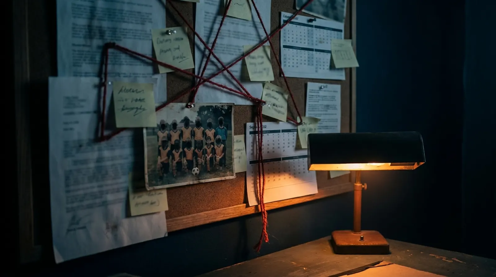 An evidence board of blurred schedules, notes, and screenshots connected by red string.