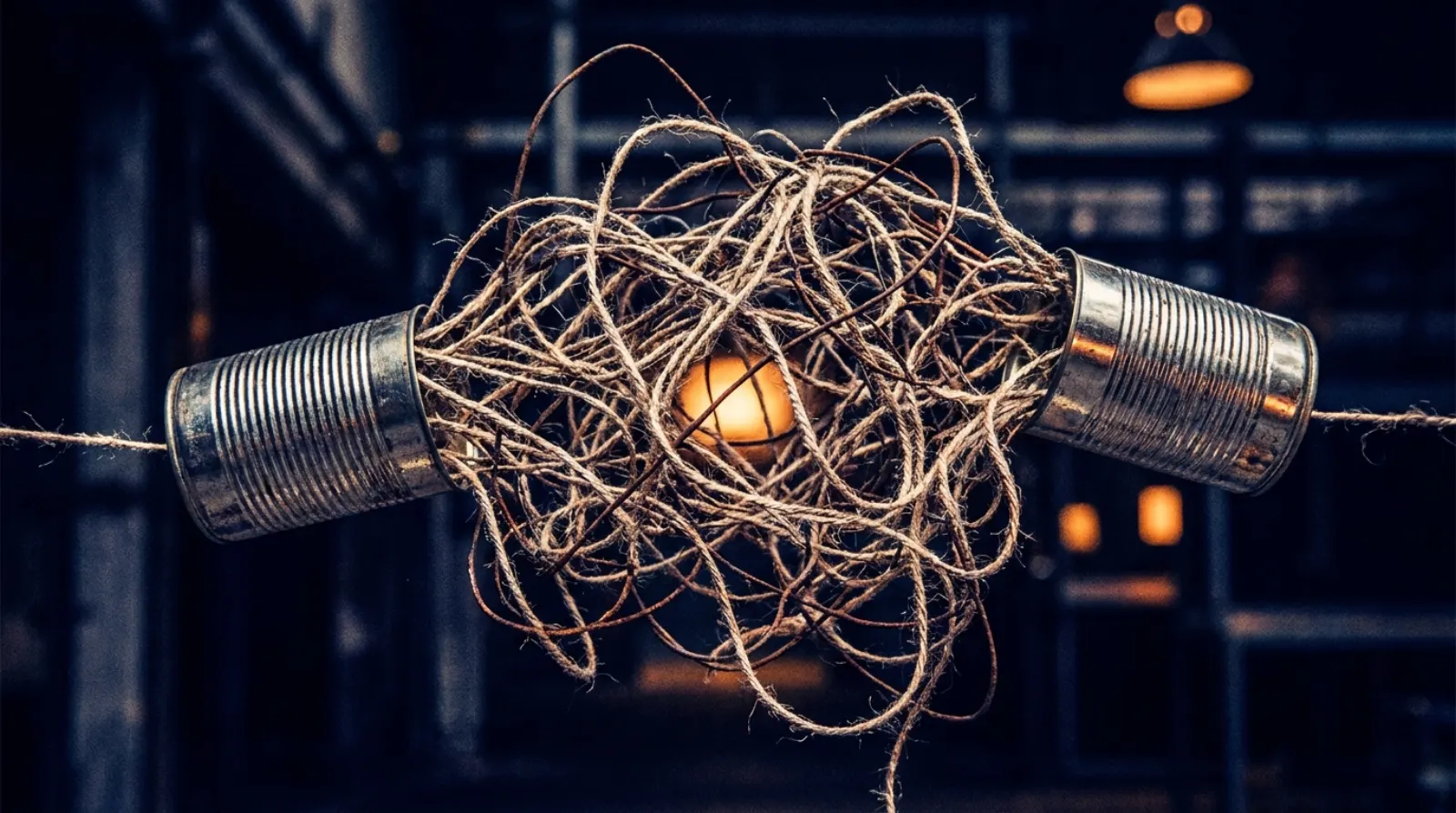 A tin-can telephone whose string has become one huge tangled knot.