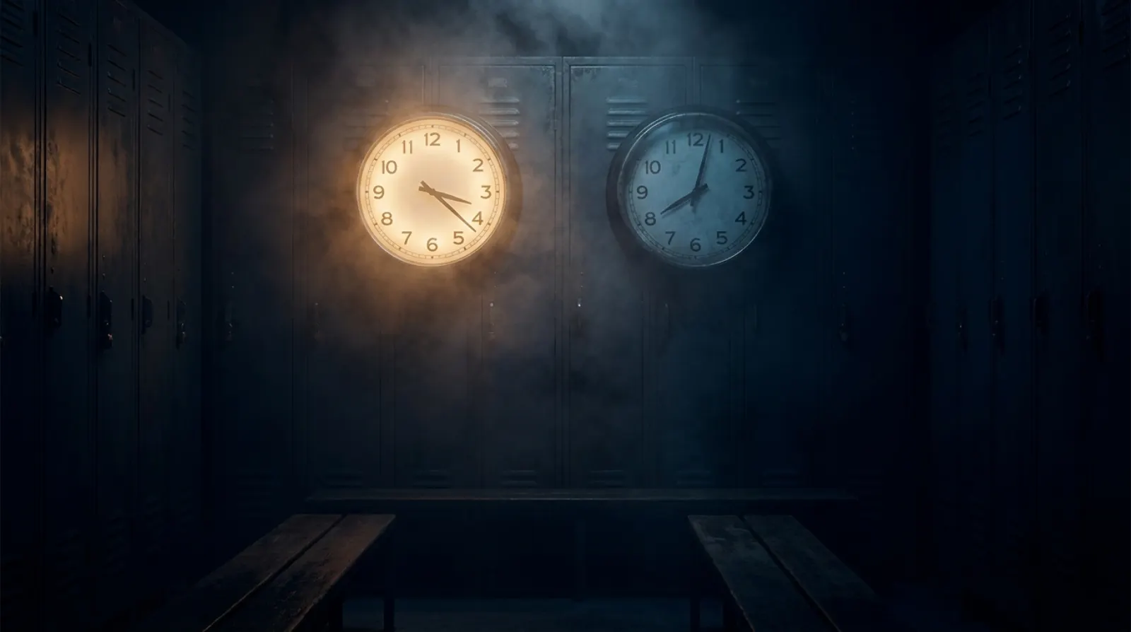 Two wall clocks on a dark locker-room wall showing different times, one lit warm amber.