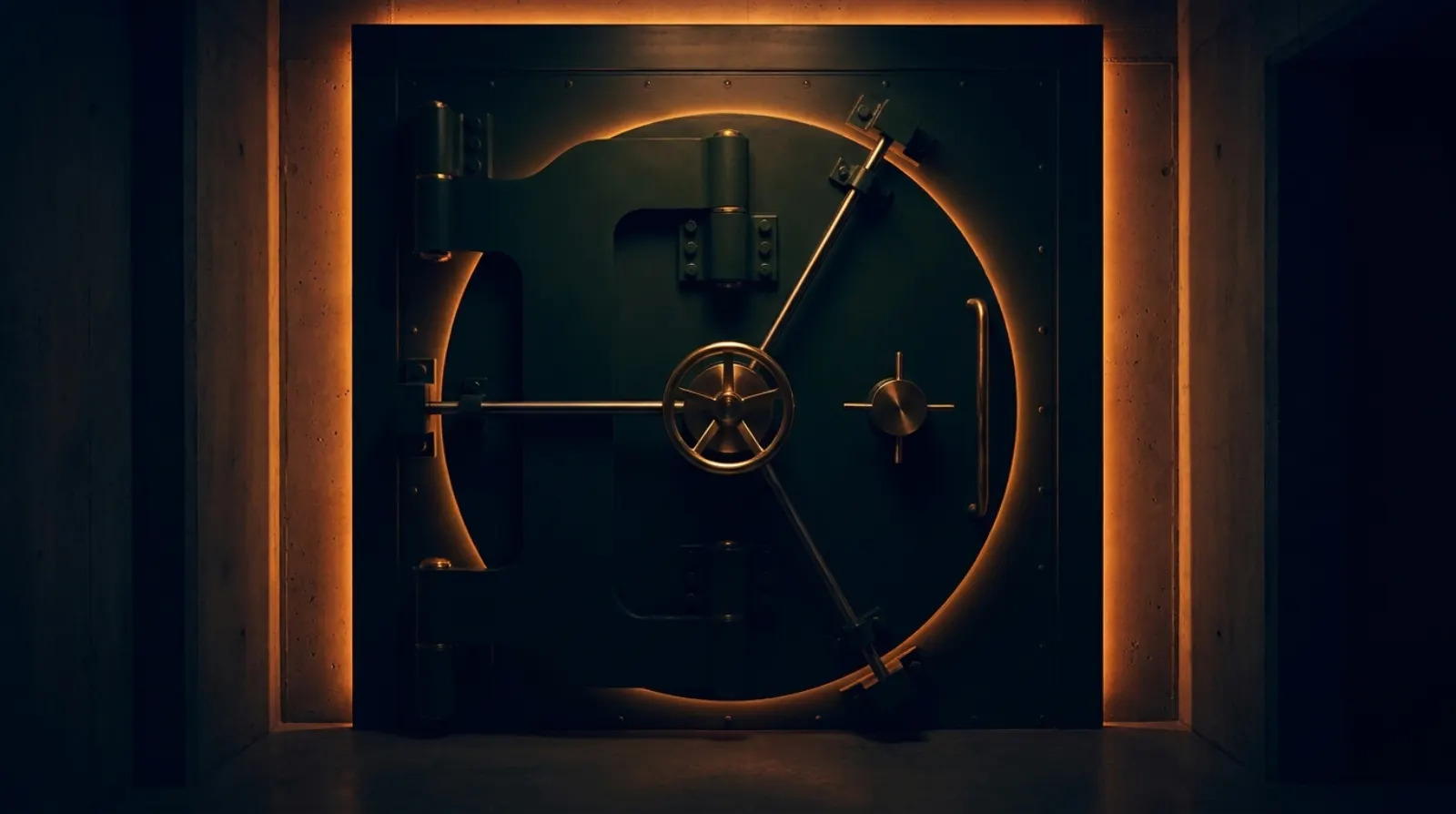 A massive closed bank vault door traced in warm amber light.