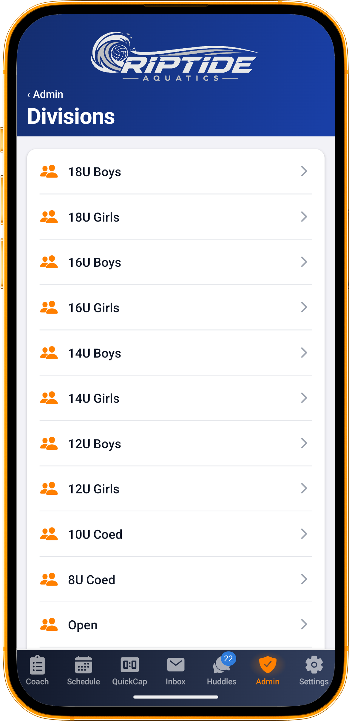 Club structure shown by division in the admin app