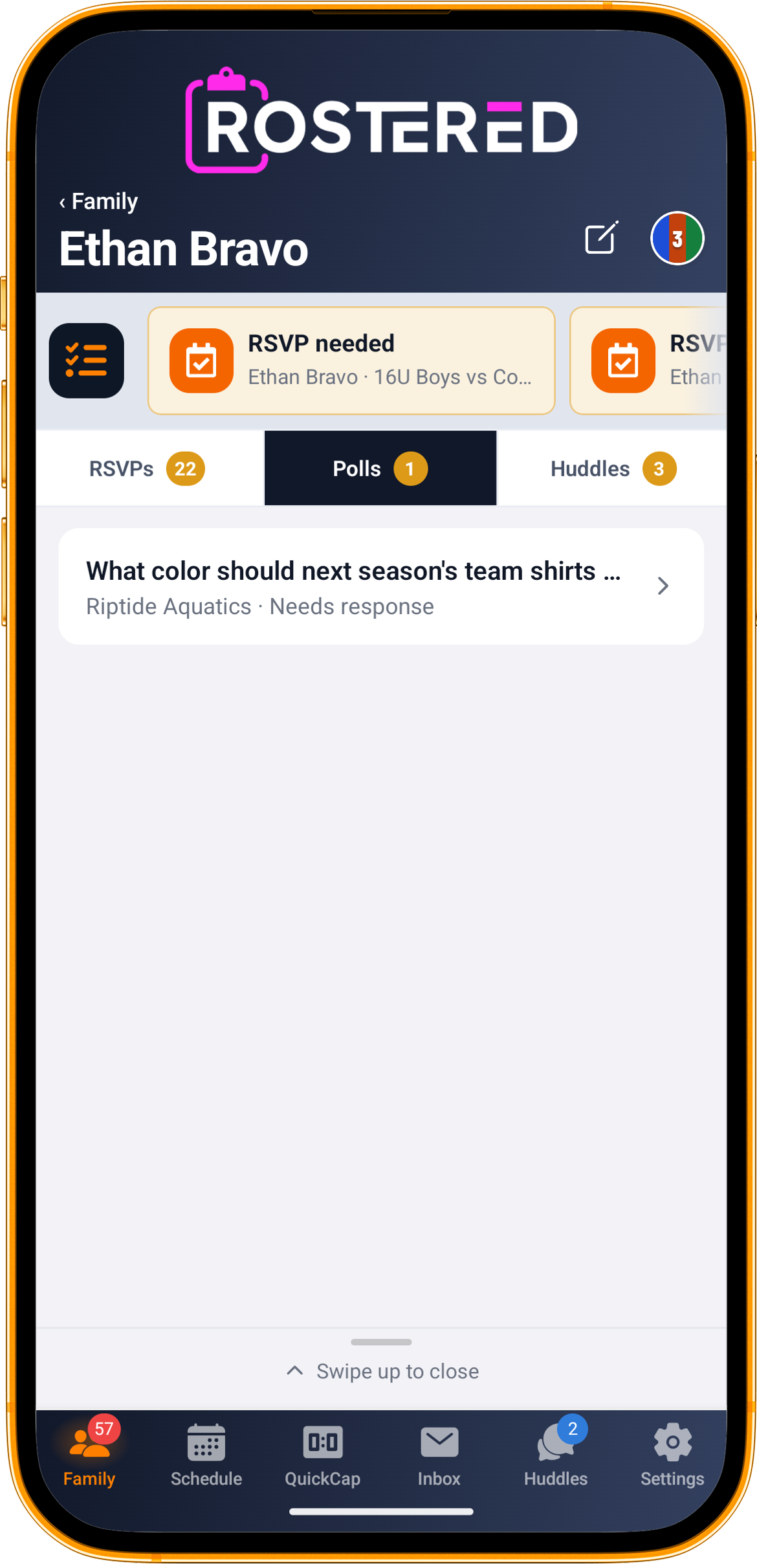 The polls tab for an athlete in the Rostered app