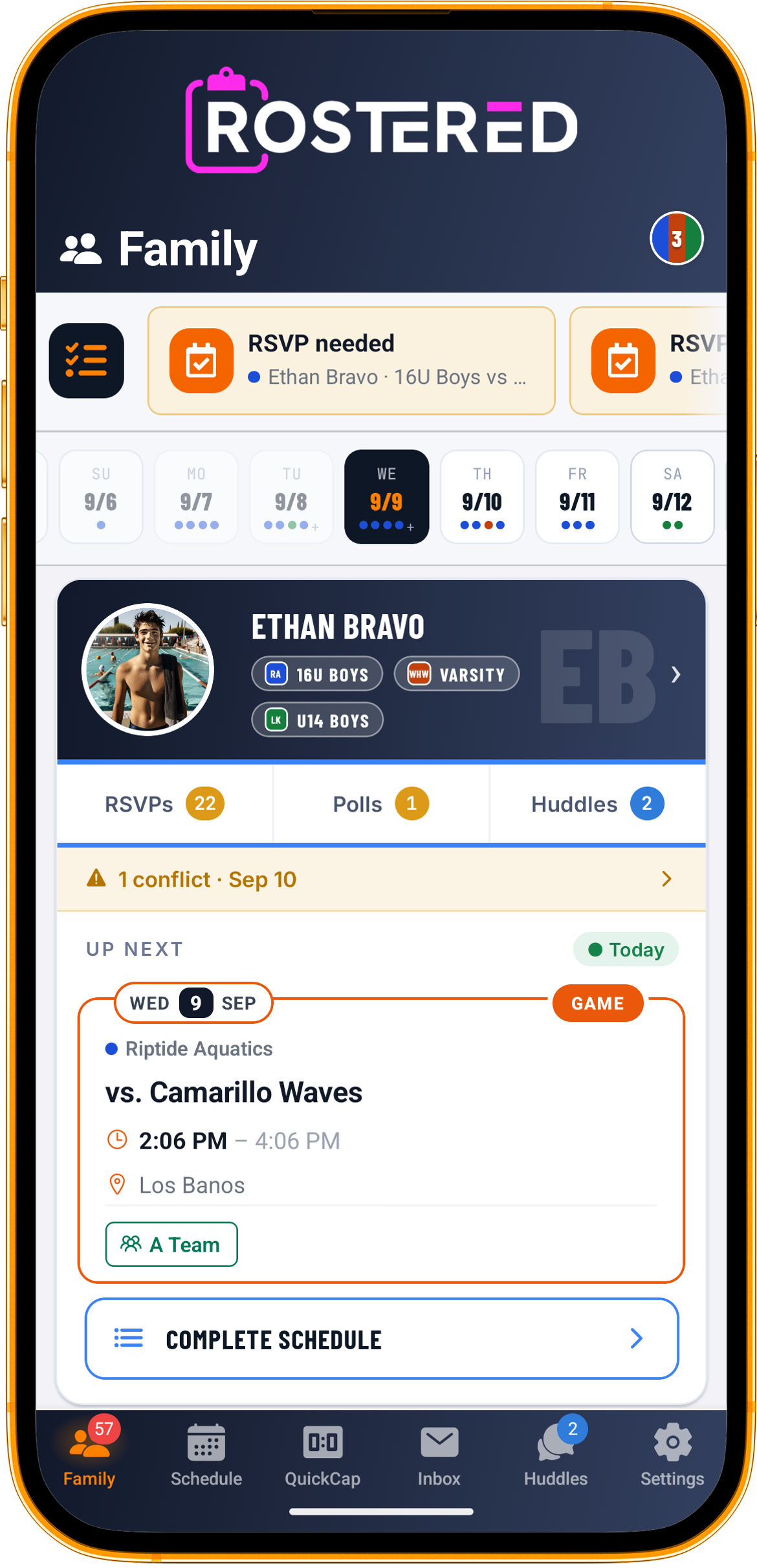 A family home screen with a strip of outstanding items across the top, each naming the athlete it concerns.