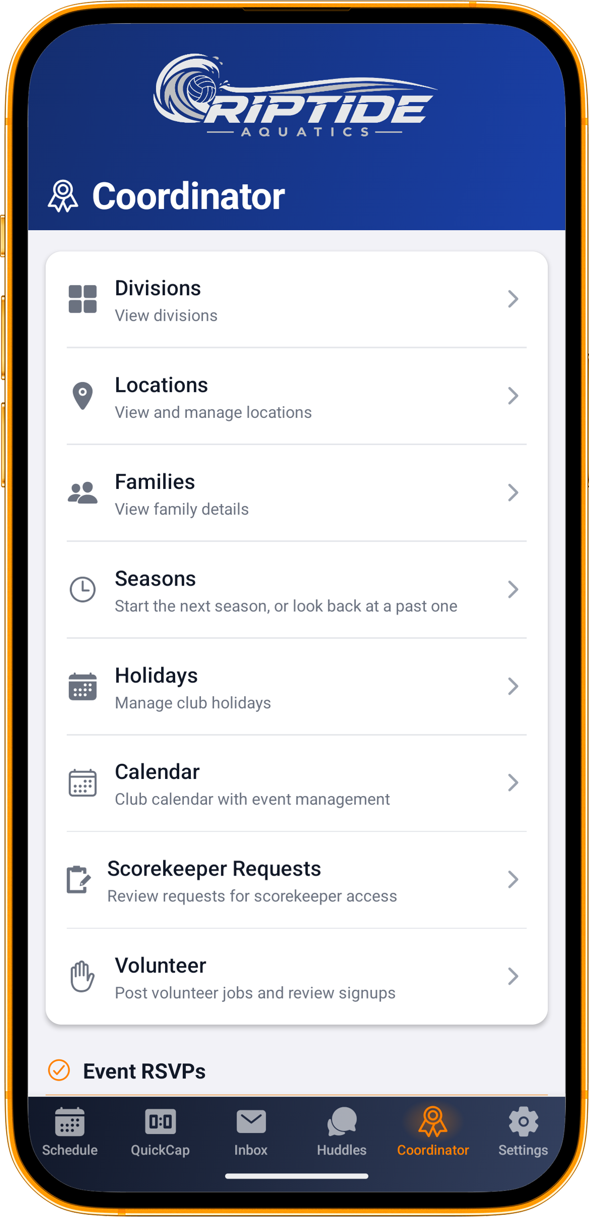 A club coordinator’s view across the club in the Rostered app