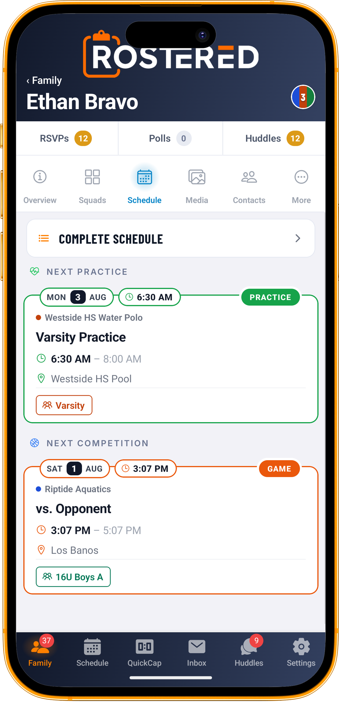 An athlete detail screen in the Rostered mobile app, showing the athlete's information and connected family.