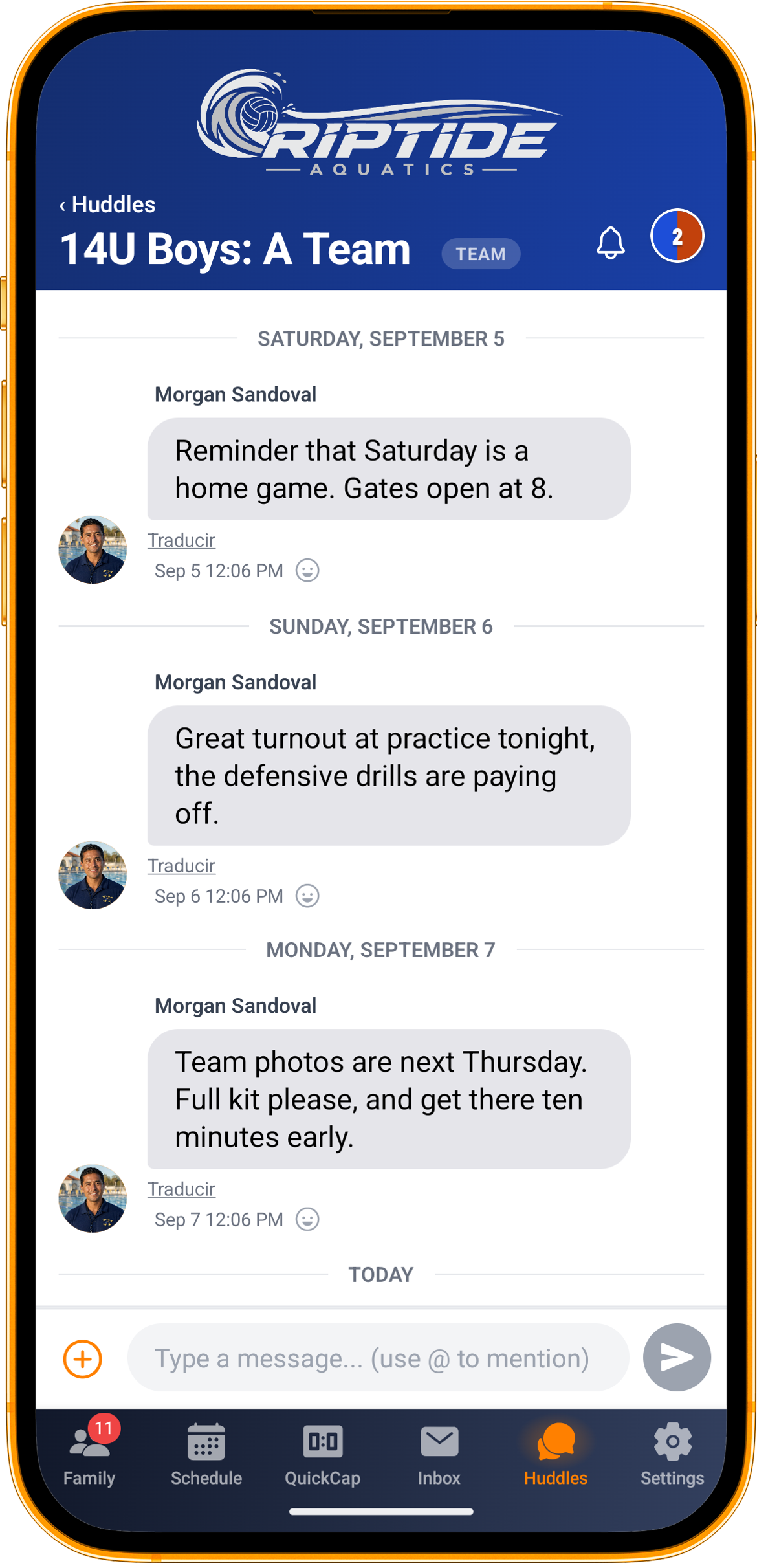 A Huddle message offering to translate