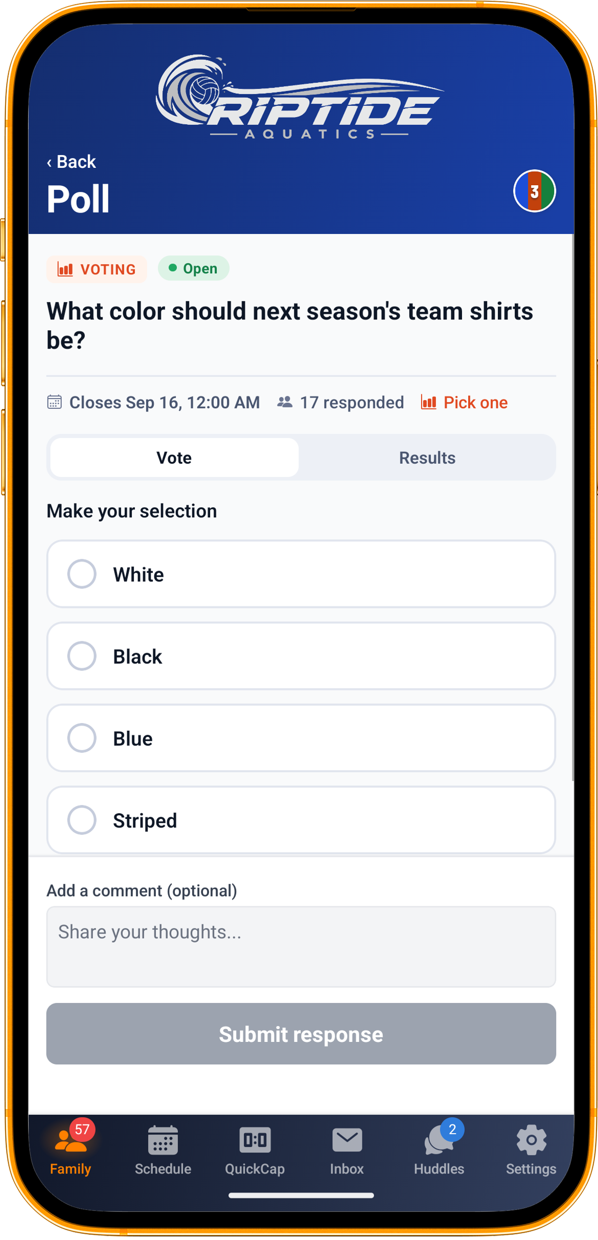 A guardian answering a poll in the Rostered app