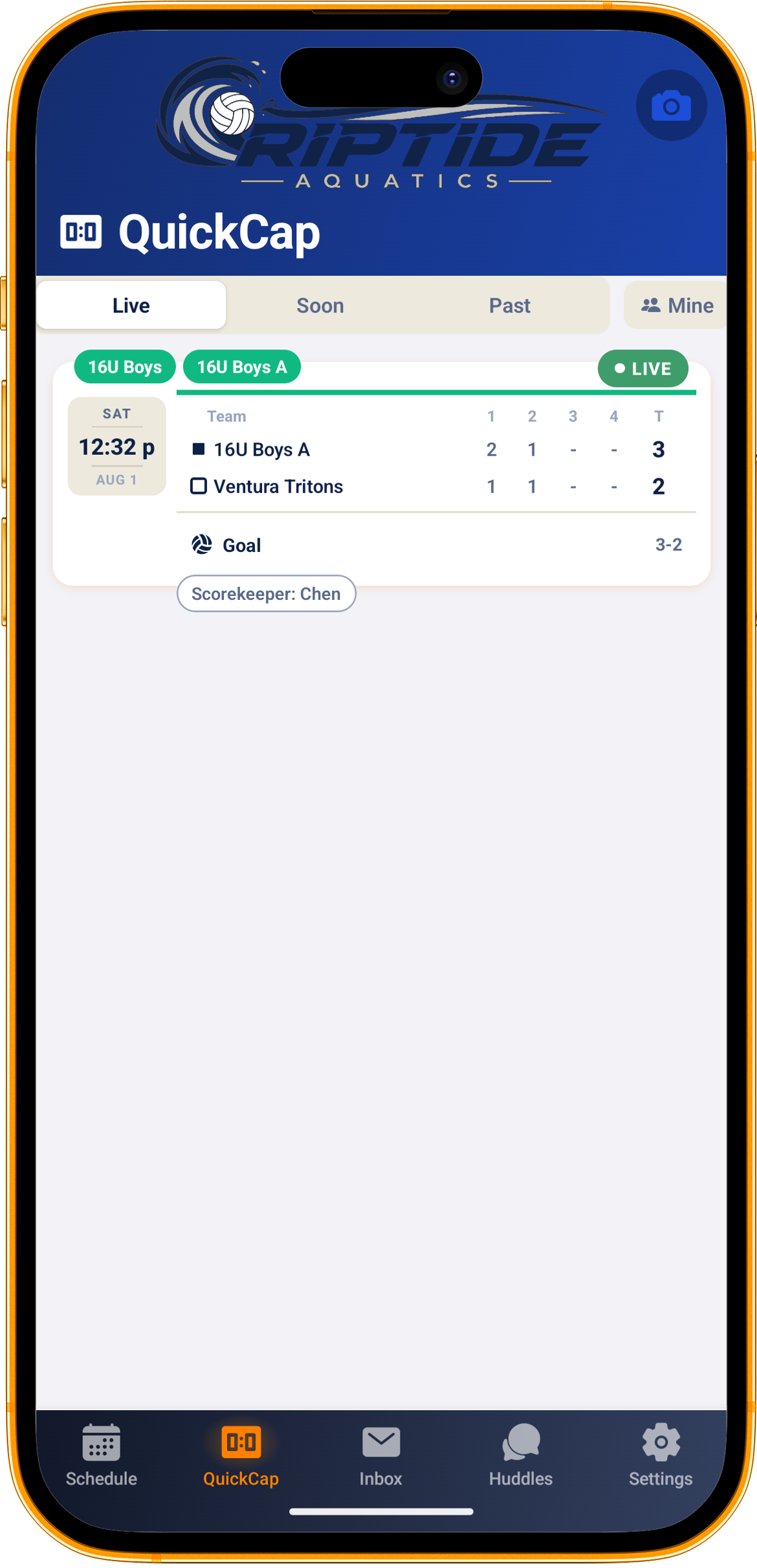The QuickCap tab in the Rostered app showing live water polo games and scores