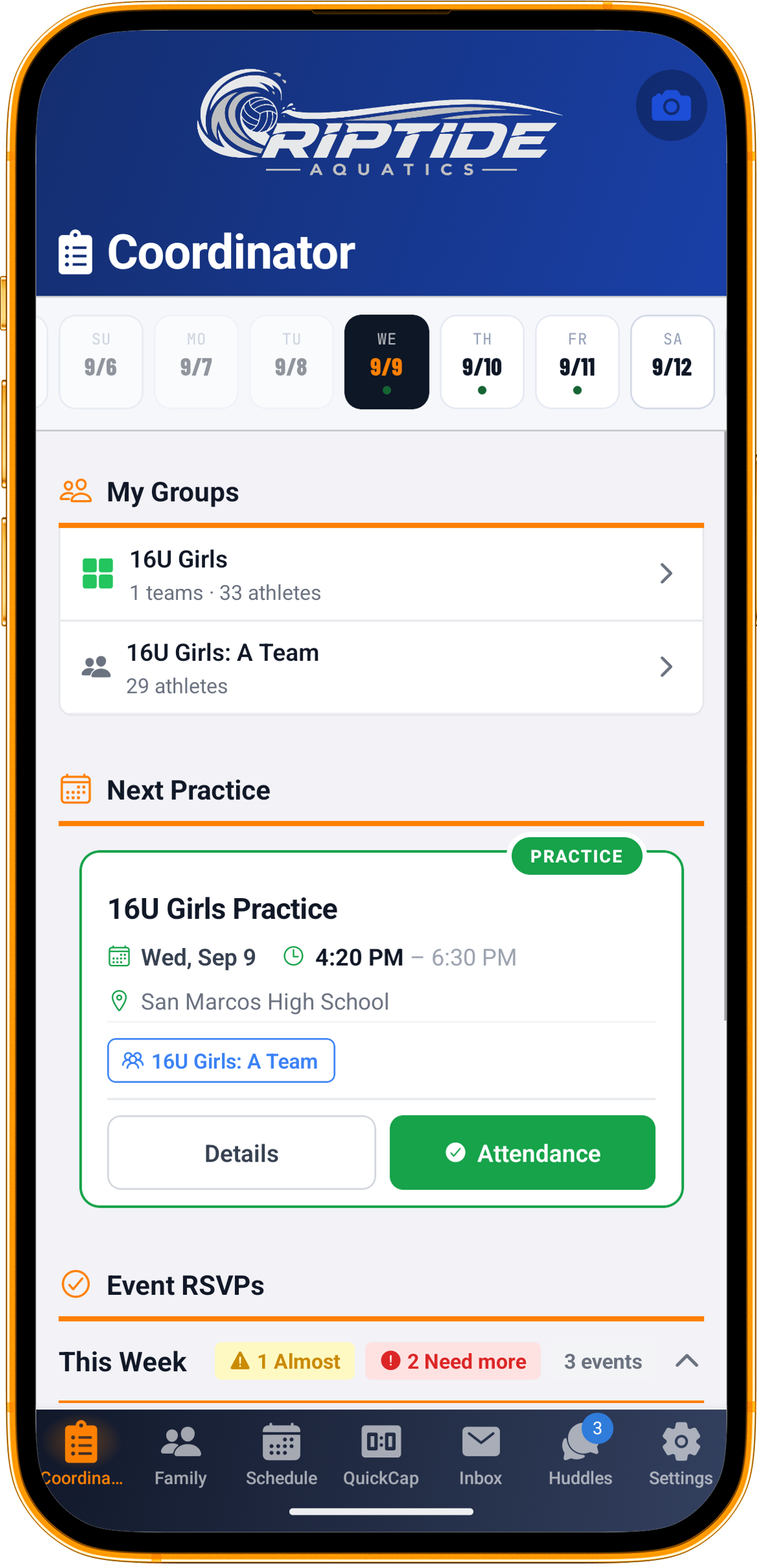 A squad coordinator’s view of their own team in the Rostered app