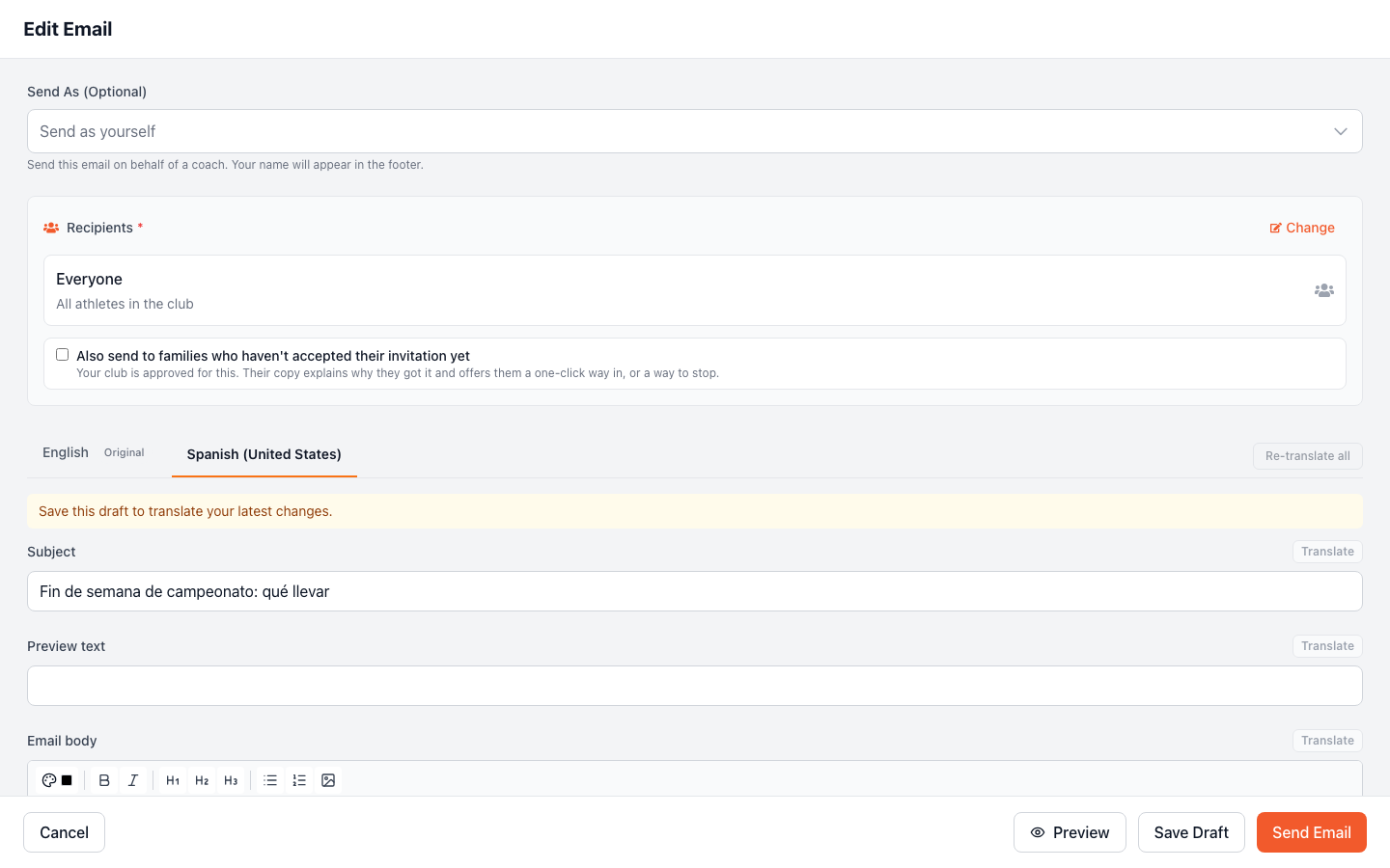 The club email composer with an English original tab and a Spanish (United States) tab, showing a translated subject line.