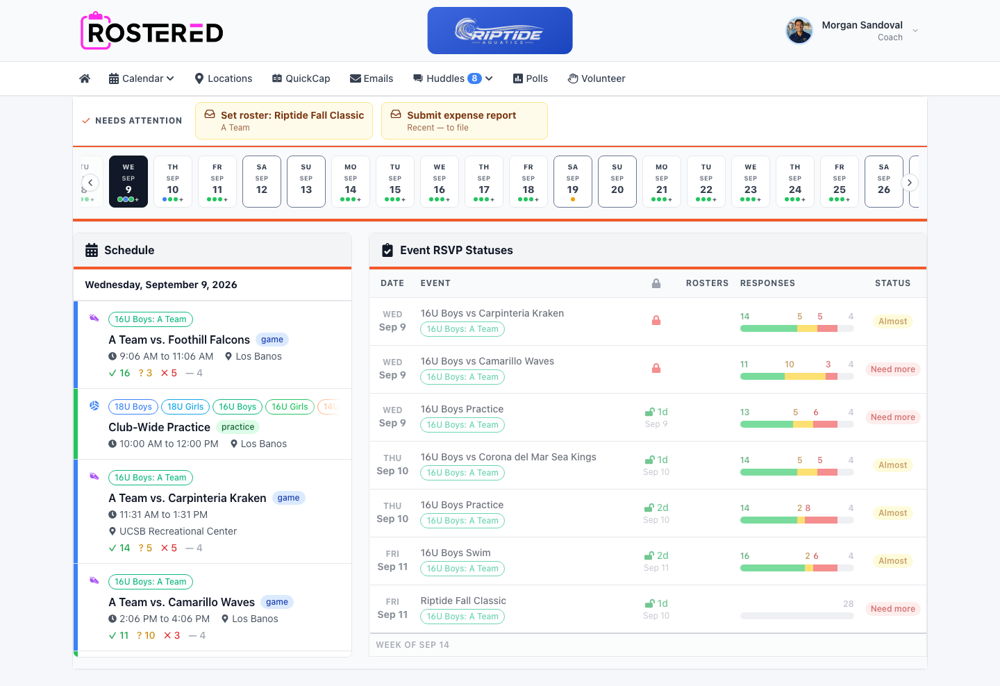 The club schedule in Rostered on the web, showing upcoming events