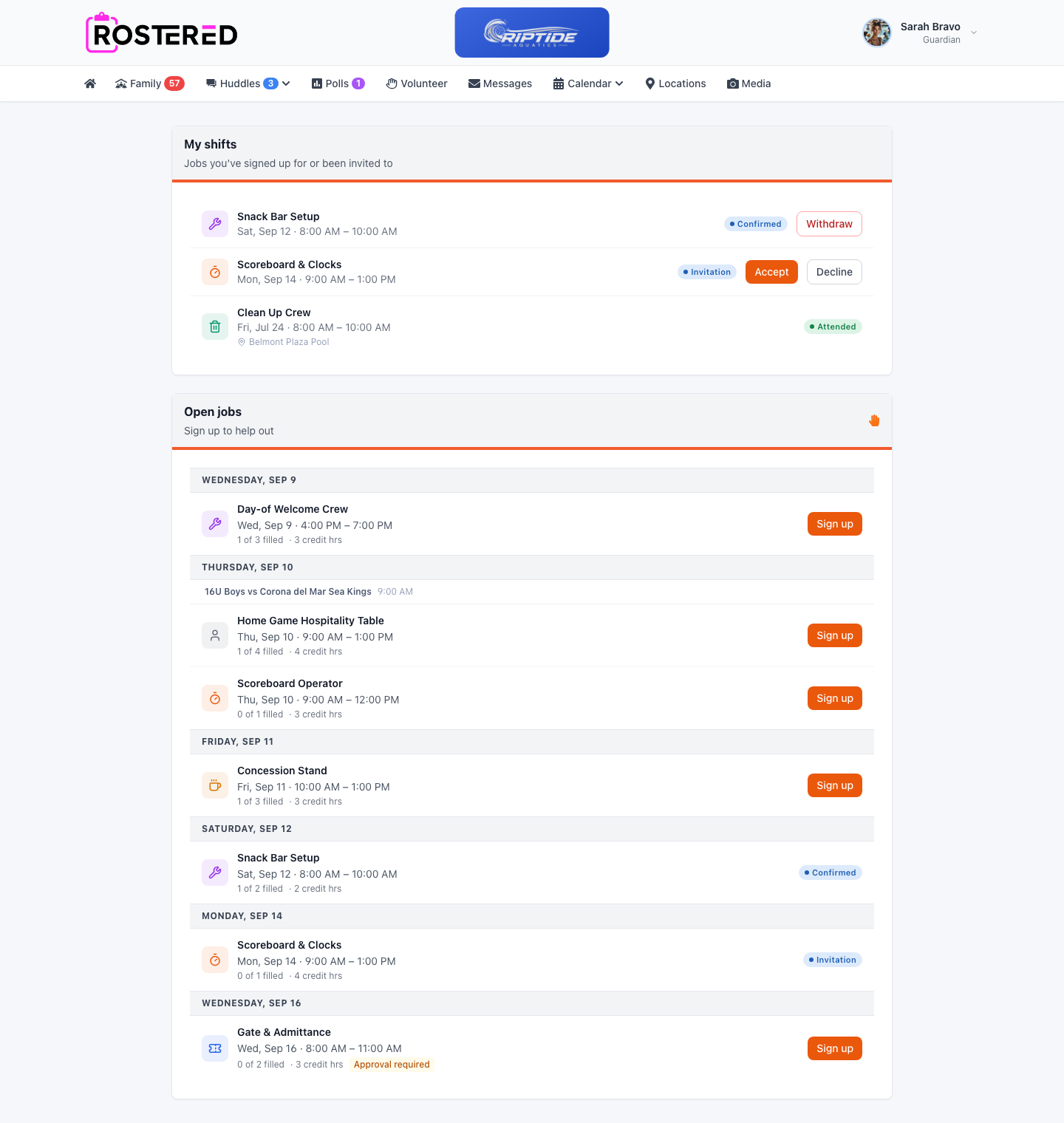 A guardian's volunteer screen: shifts they have already taken, then open jobs grouped by day, with two of them nested under the event they belong to.